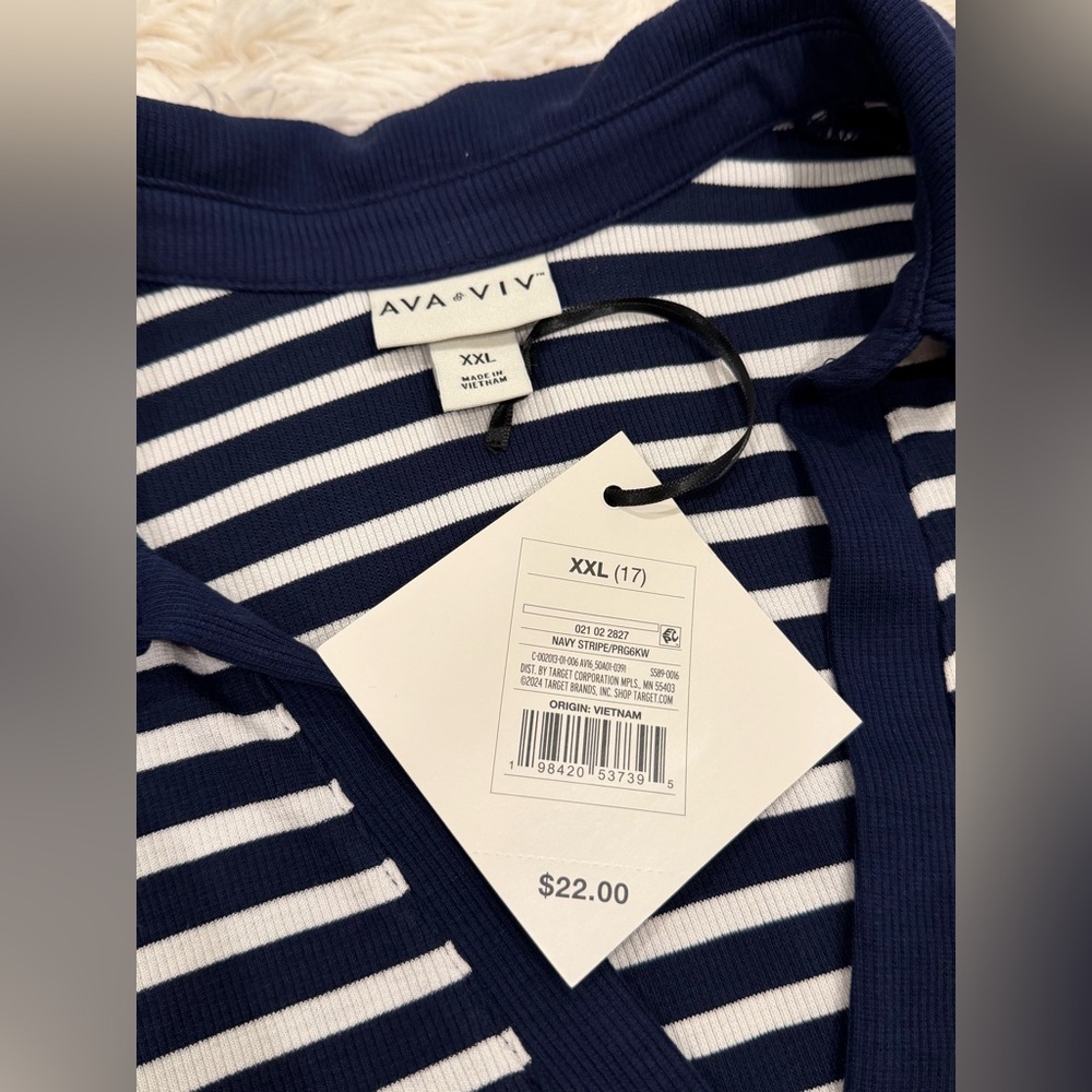 NEW Ava & Viv Striped V-Neck Polo Shirt Ribbed Top Plus Size XXL Navy Stripe - Picture 4 of 5